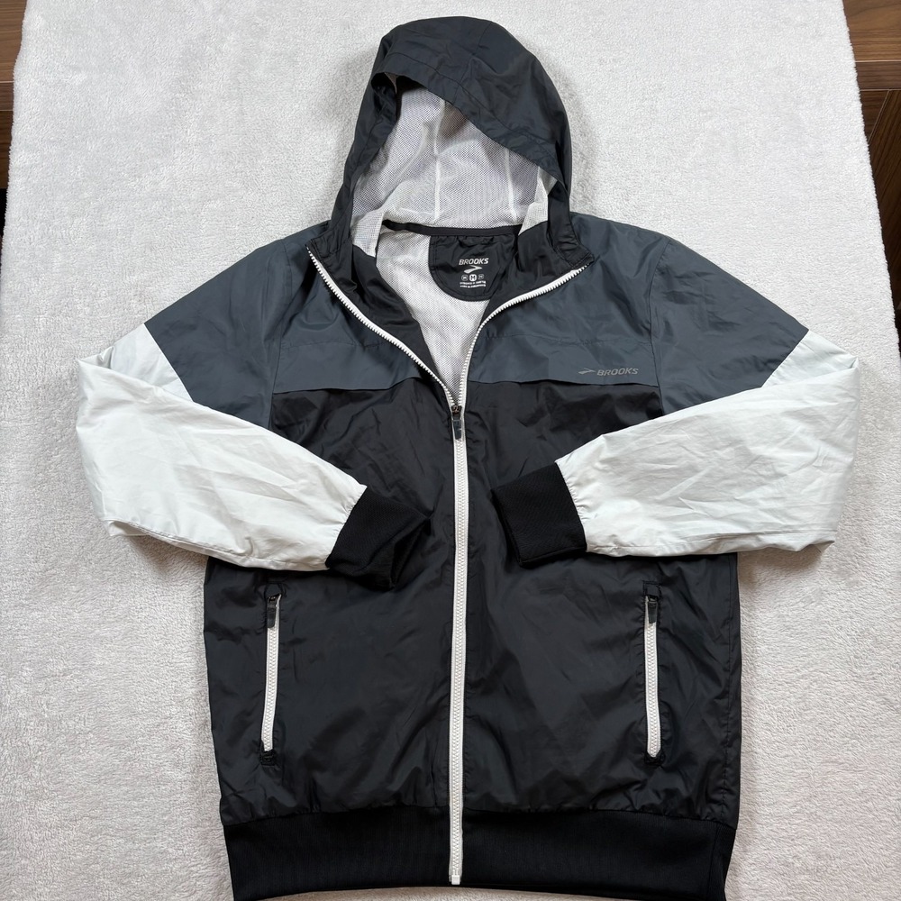 Brooks Windbreaker Jacket Mens Medium Black‎ Multi Mesh Lined Hooded Full Zip